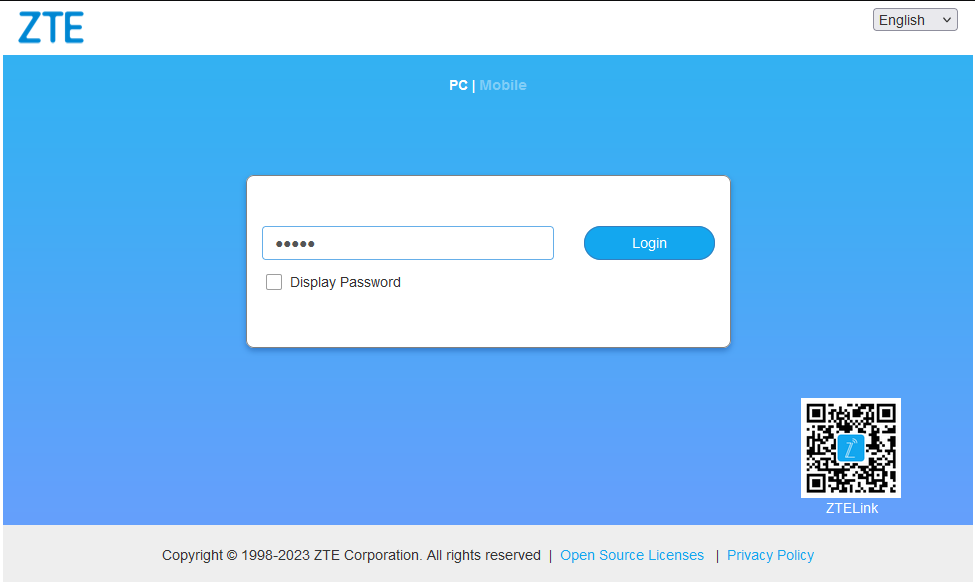 Pantalla de inicio de sesión del acceso web del adaptador ZTE