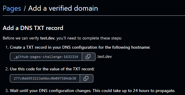 Registro TXT a añadir para verificar dominio en GitHub pages